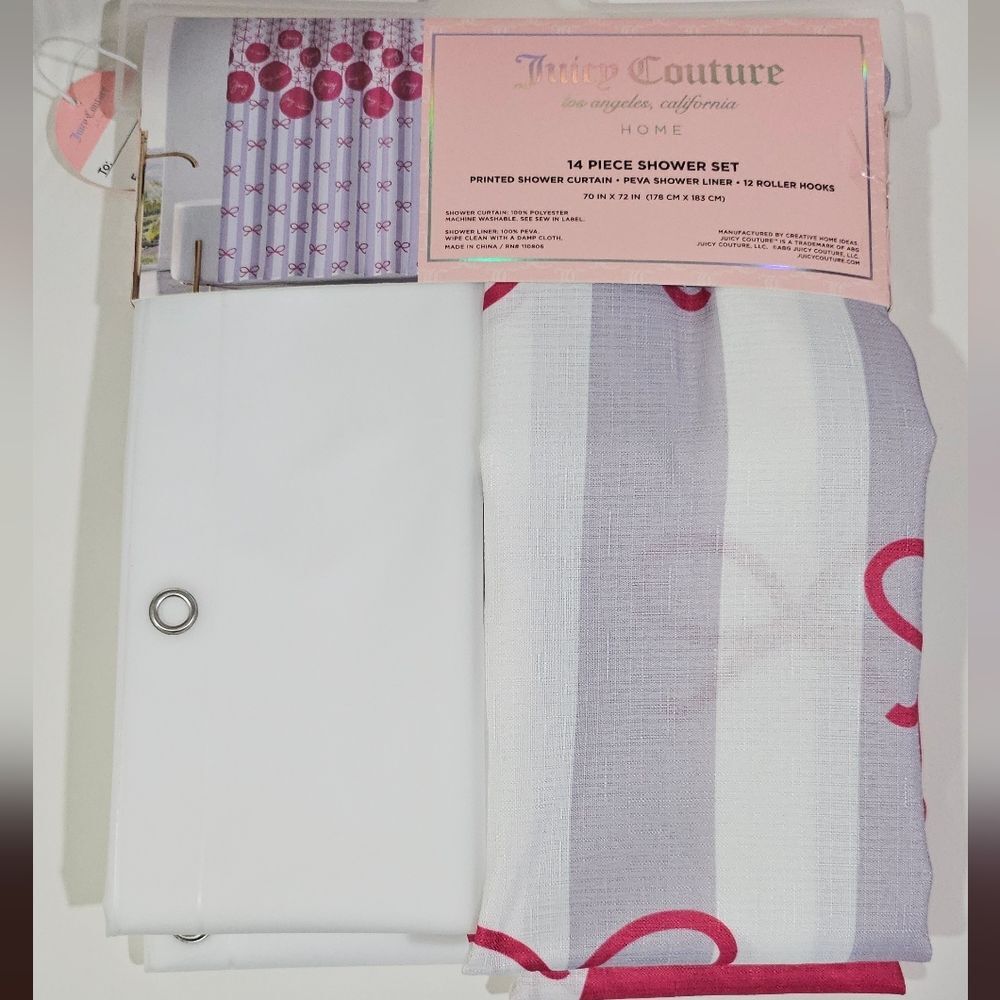 Juicy Couture Shower Curtain Cute Pink Lilac White Stripes And Bows Shower Set - Picture 3 of 3